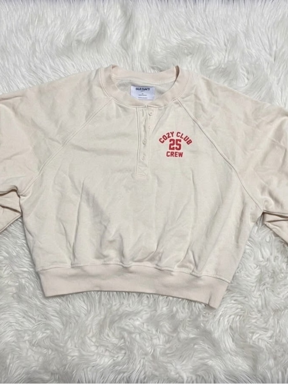 Old Navy Cream Henley Sweatshirt with Red Cozy Club Graphic